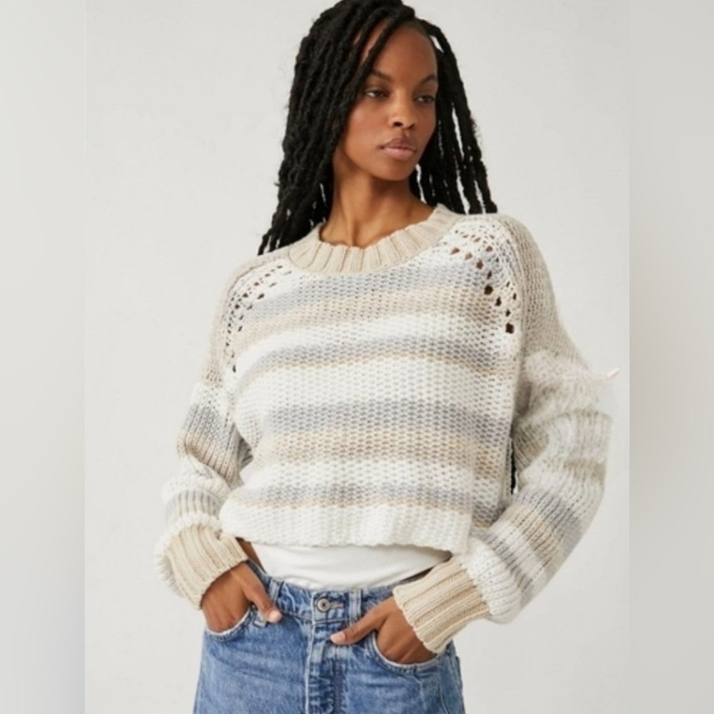 Free People NWT Devon Stripe Cropped Sweater Size Large - Picture 1 of 4